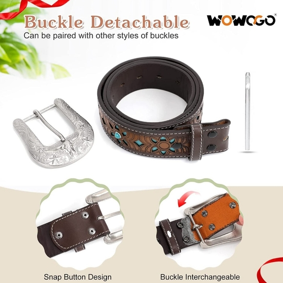 New Western Brown & Turquoise Leather  Floral Engraved Belt In Various Size - Picture 4 of 5